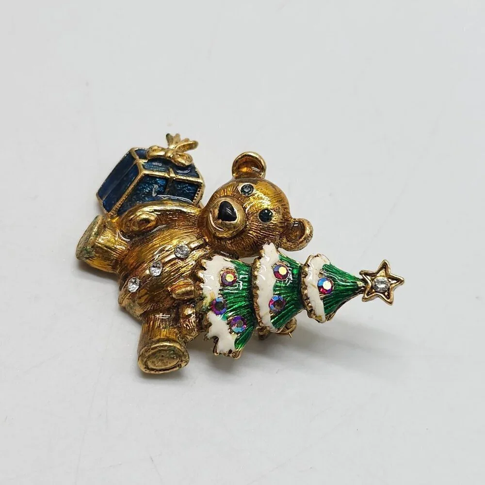 1928 Teddy Bear Christmas Brooch Jewels Tree Present Then Now Forever